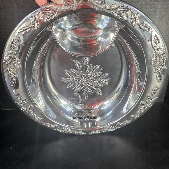 New Lenox Winter Theme Large Chip Dip Bowl Holly Berry Pattern Aluminum 14" - Picture 14 of 15